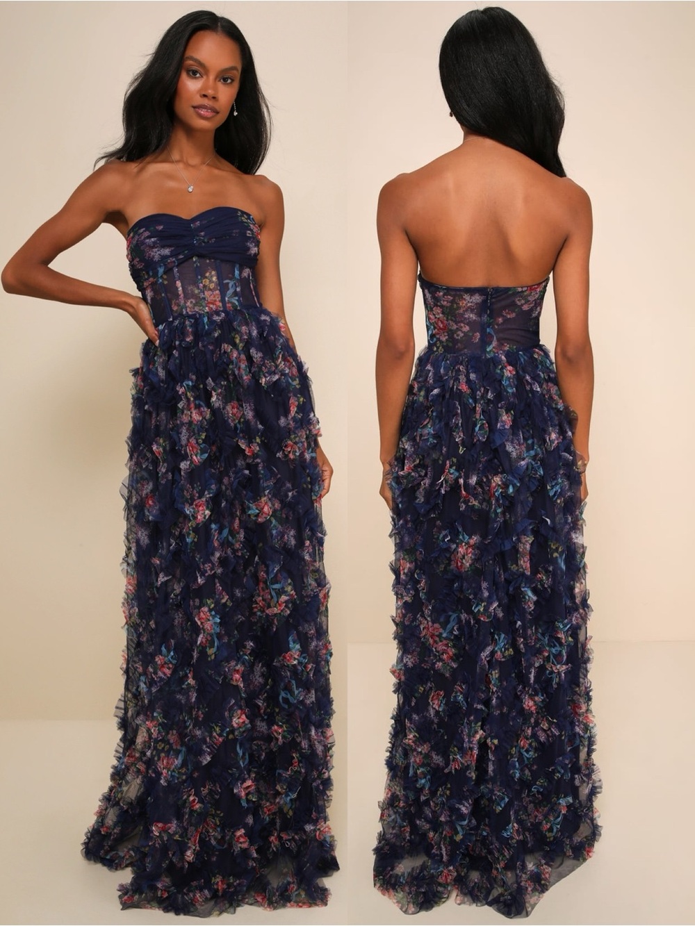 NWT Lulu’s Stunning Element Navy Floral Mesh Ruffled Strapless Maxi Dress Small